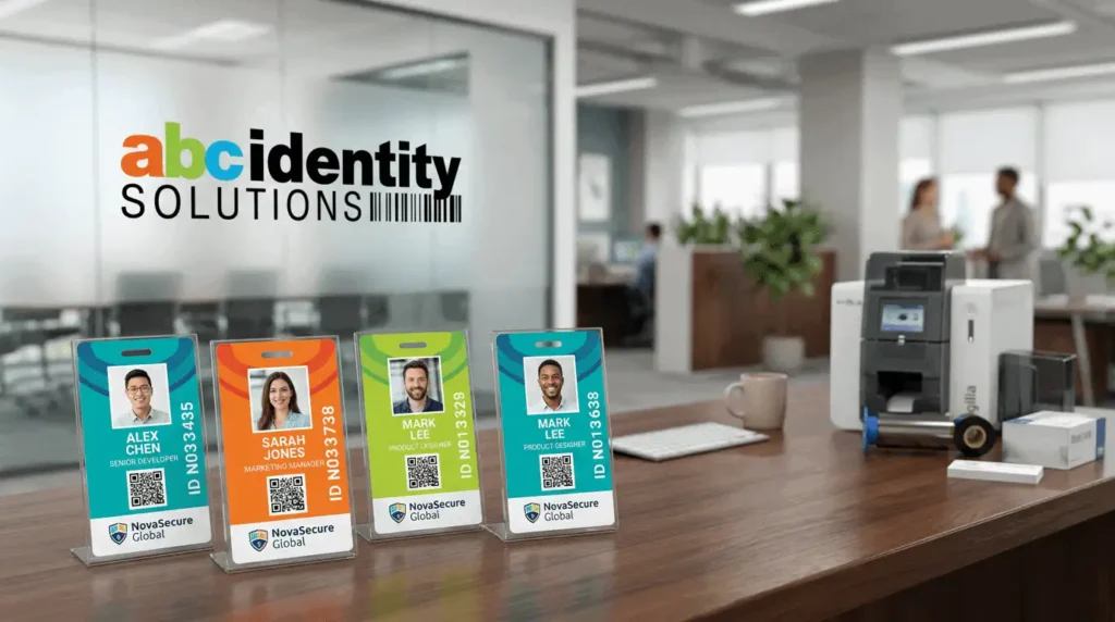 Beyond the Barcode: Why Retransfer Technology is the New Standard 6 Modern office lobby with the 'abc identity SOLUTIONS' logo on a glass wall and four colourful employee ID badges on stands in the foreground.