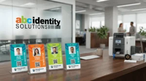 Modern office lobby with the 'abc identity SOLUTIONS' logo on a glass wall and four colorful employee ID cards on stands in the foreground.