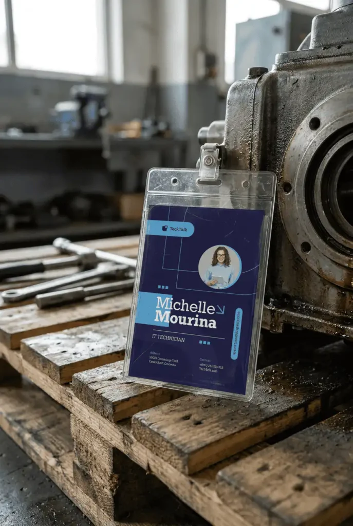 Industrial Barcode ID Badges: Maximizing Warehousing 29 A badge sitting next to a piece of heavy machinery or on top of a pallet of goods, showing its "industrial" context.