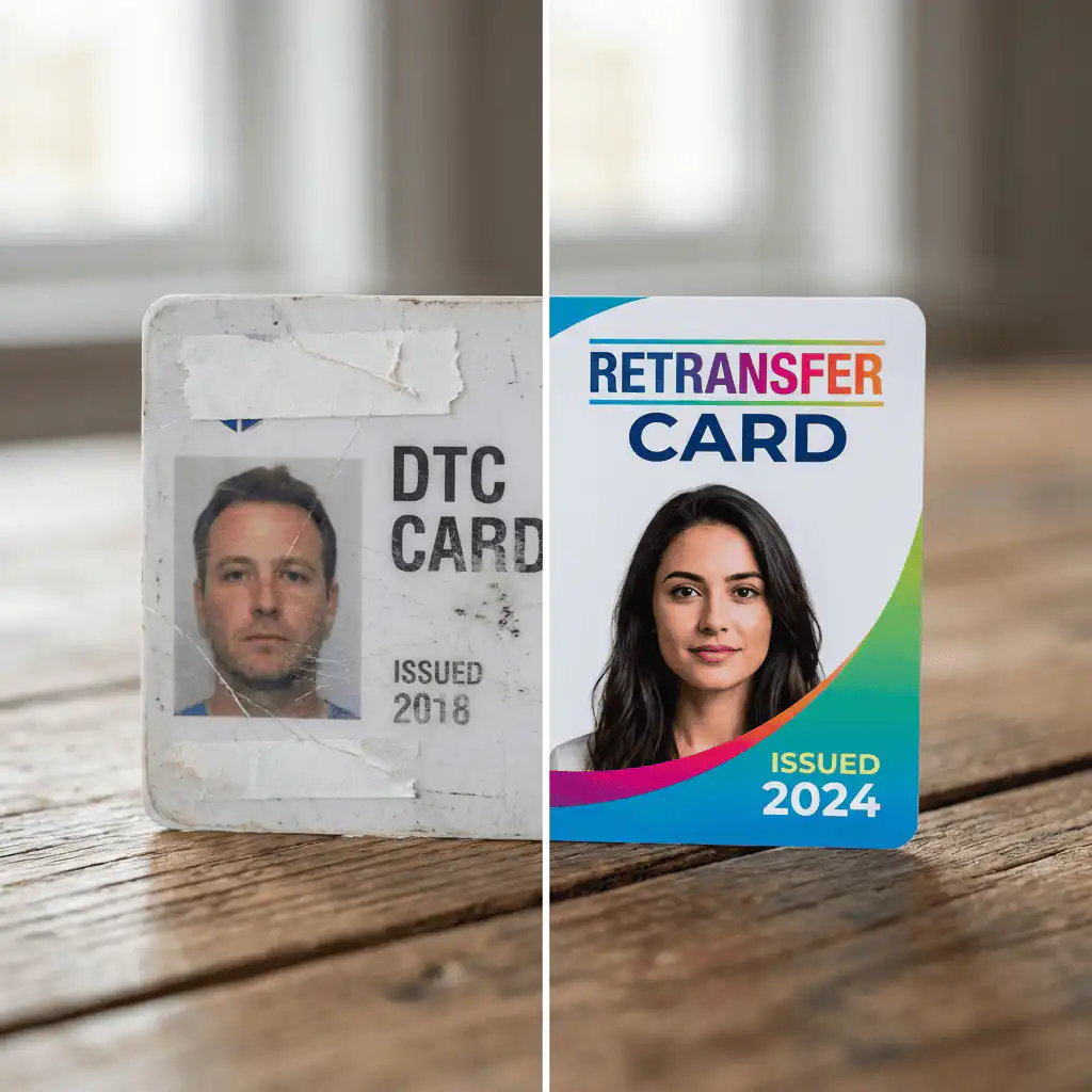 The Ultimate Guide to Healthcare ID Badges 13 Split screen: A faded, scratched DTC card vs. a glossy, vibrant Retransfer card.
