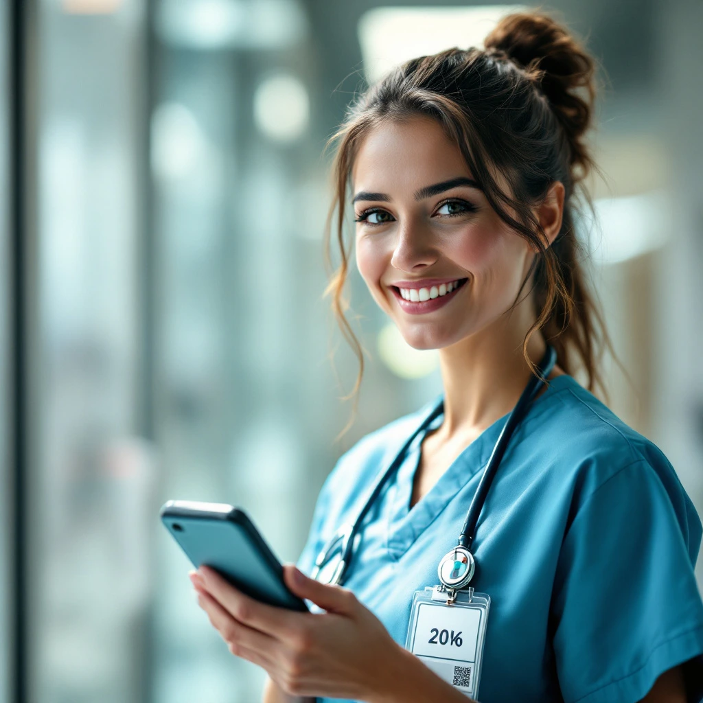 PHIPA‑Compliant Healthcare ID Badges 64 Nurse scanning a vertical healthcare ID badge with QR code, illustrating PHIPA‑compliant badge printing service in Canada.