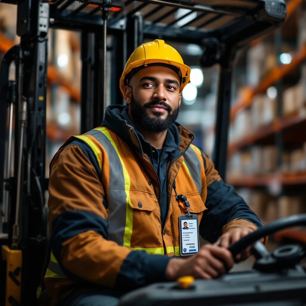 Warehouse & Logistics ID Badges 18 A forklift operator mid-scan with a vertical badge hanging from a retractable reel.