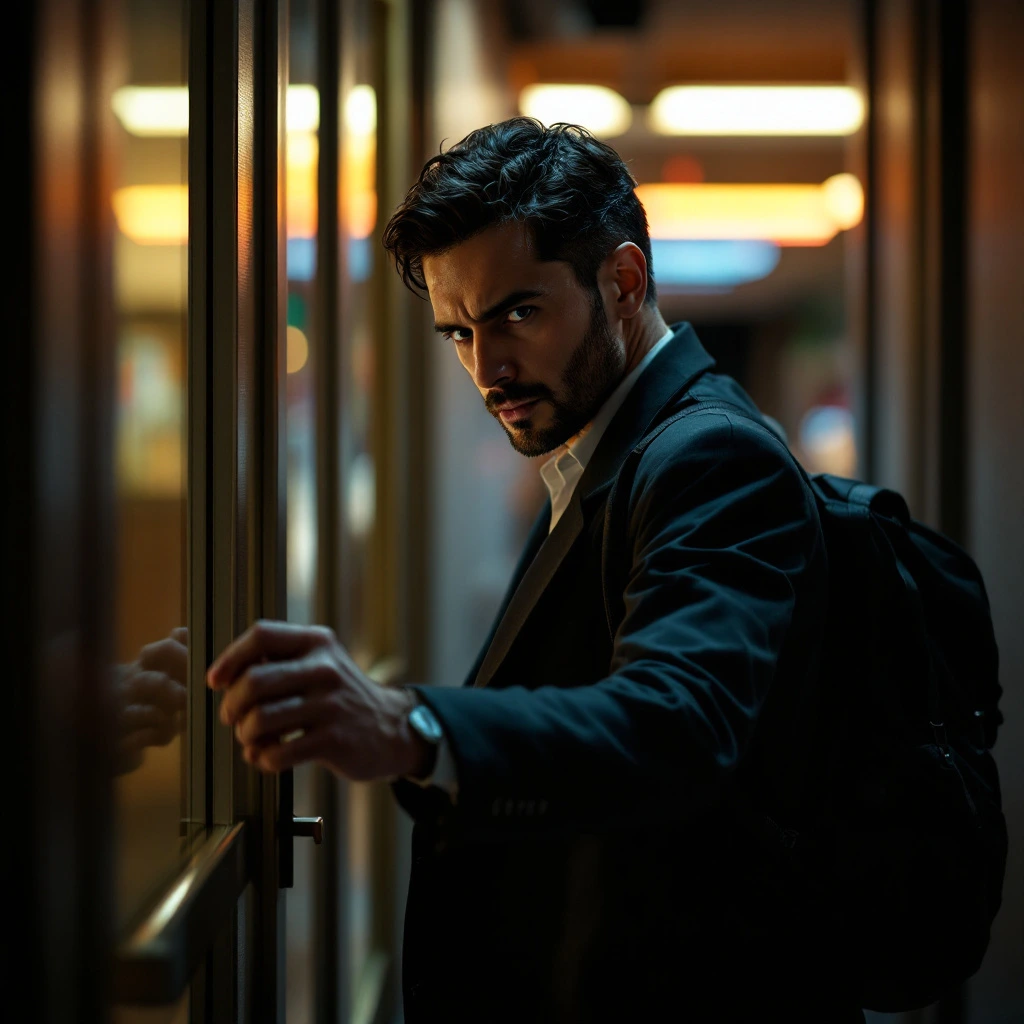 Man in a dark suit with a backpack opens a glass subway door in a dim, neon-lit station.