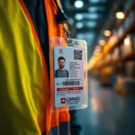 A vertical ID badge clipped to a high‑vis vest or lanyard, with a QR code clearly visible at the bottom. Background: racking aisles or a shipping dock with Canadian‑style safety signage.