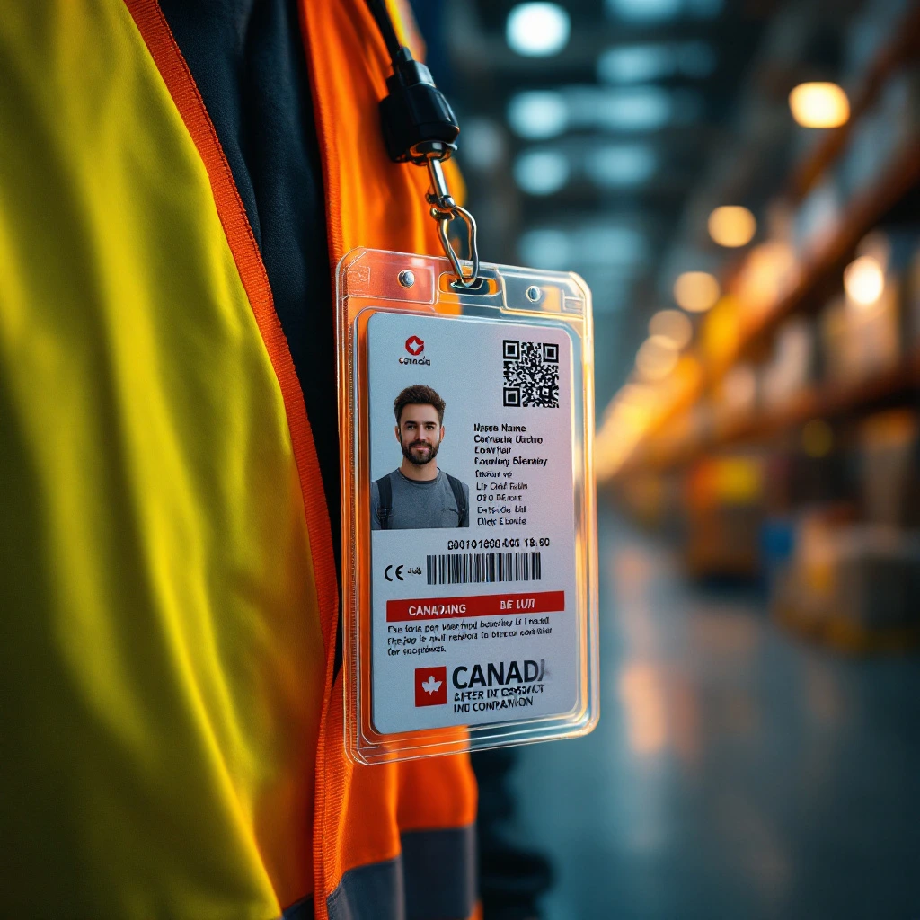 A vertical ID badge clipped to a high‑vis vest or lanyard, with a QR code clearly visible at the bottom. Background: racking aisles or a shipping dock with Canadian‑style safety signage.