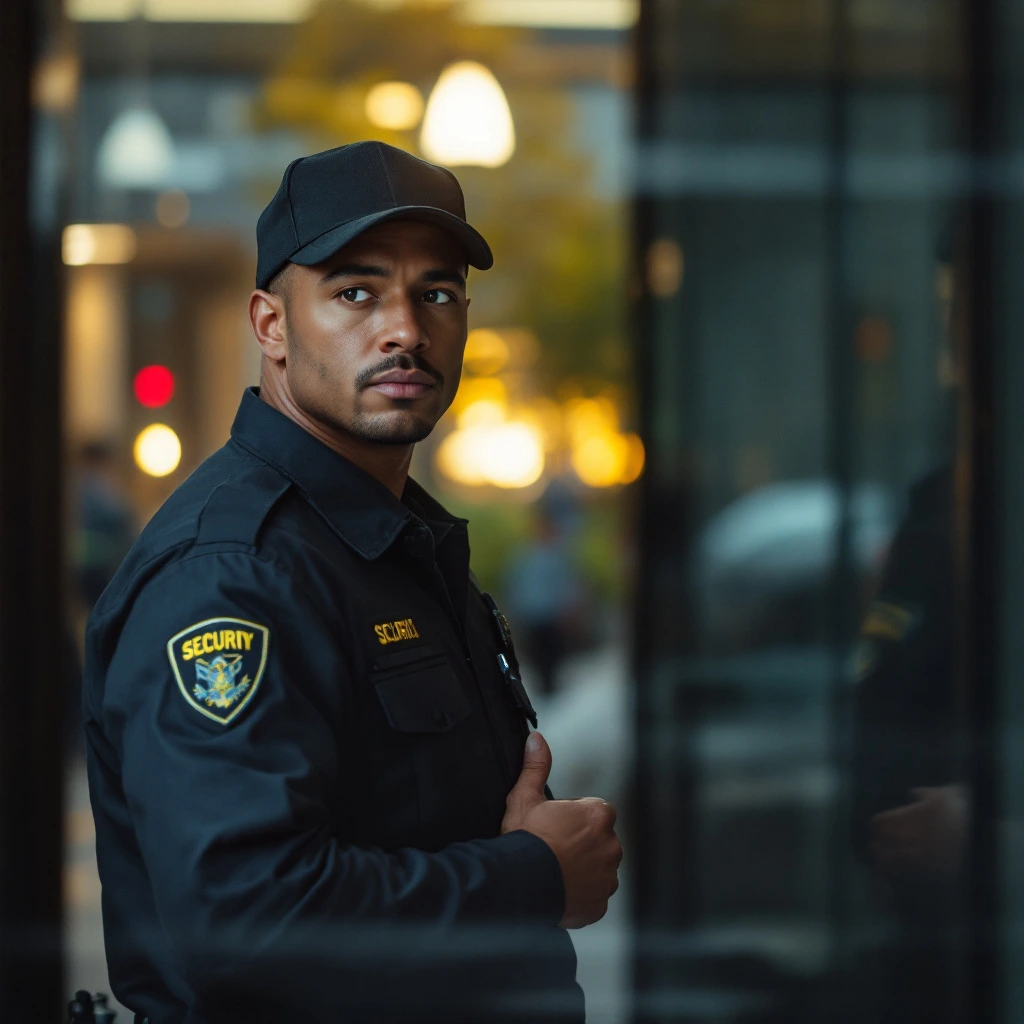 security guard inspecting visitor. Colour-coded ID badges